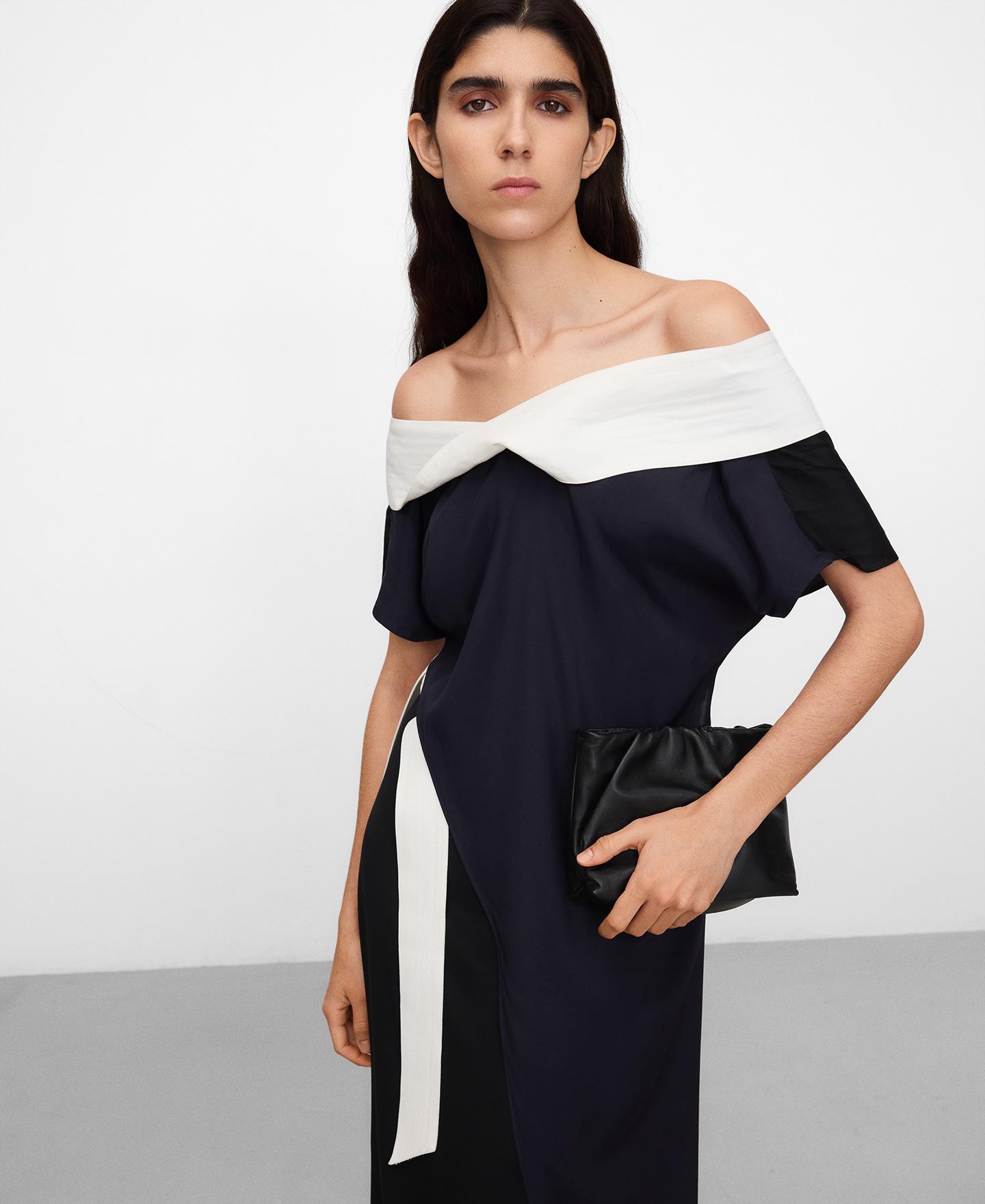 Asymmetric mixed-fabric tricolor dress image number 0