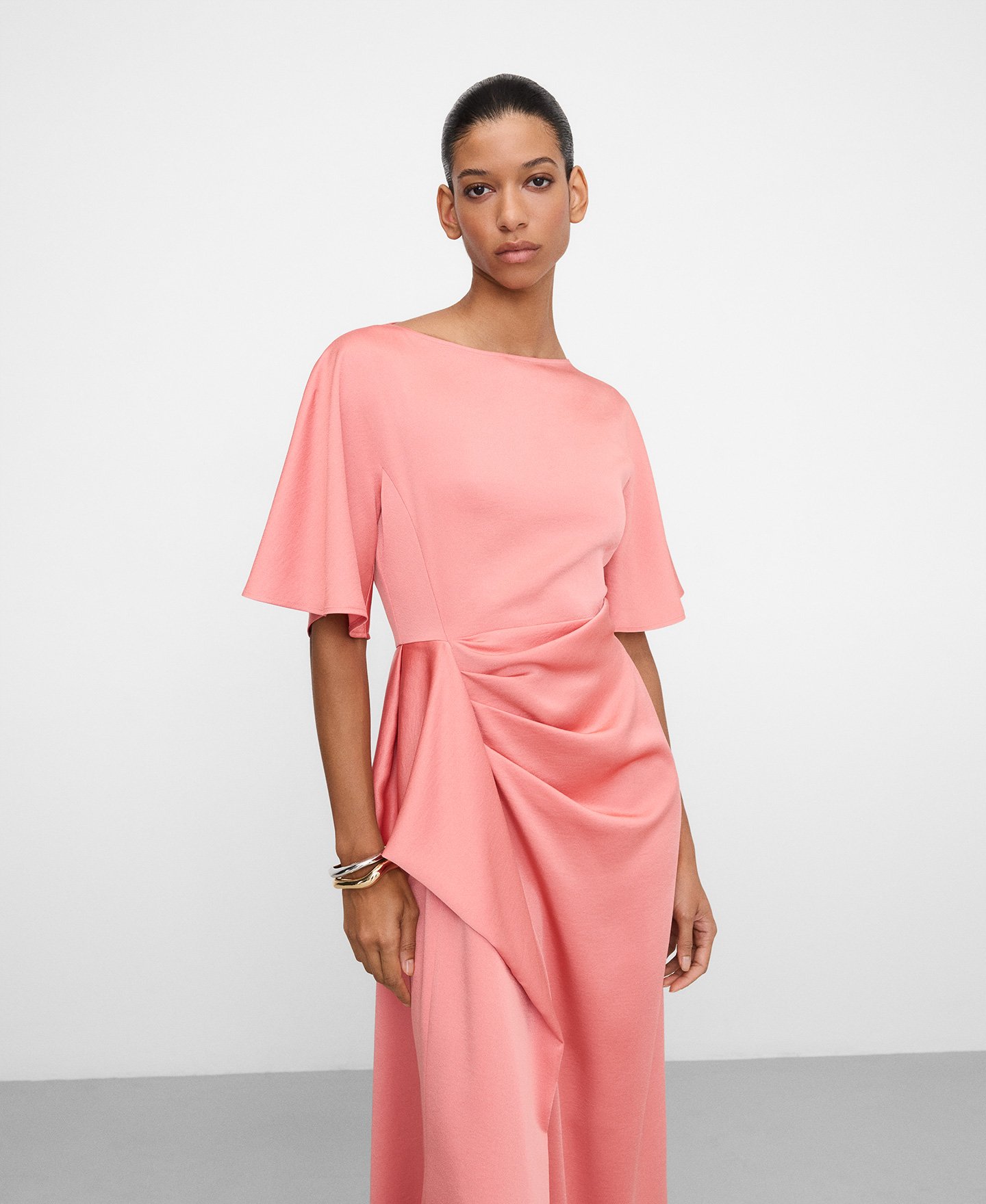 Satin long dress with side drape image number 0