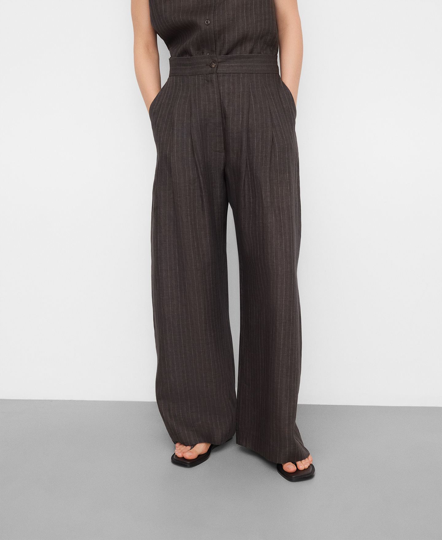 European linen striped straight trousers image number 0