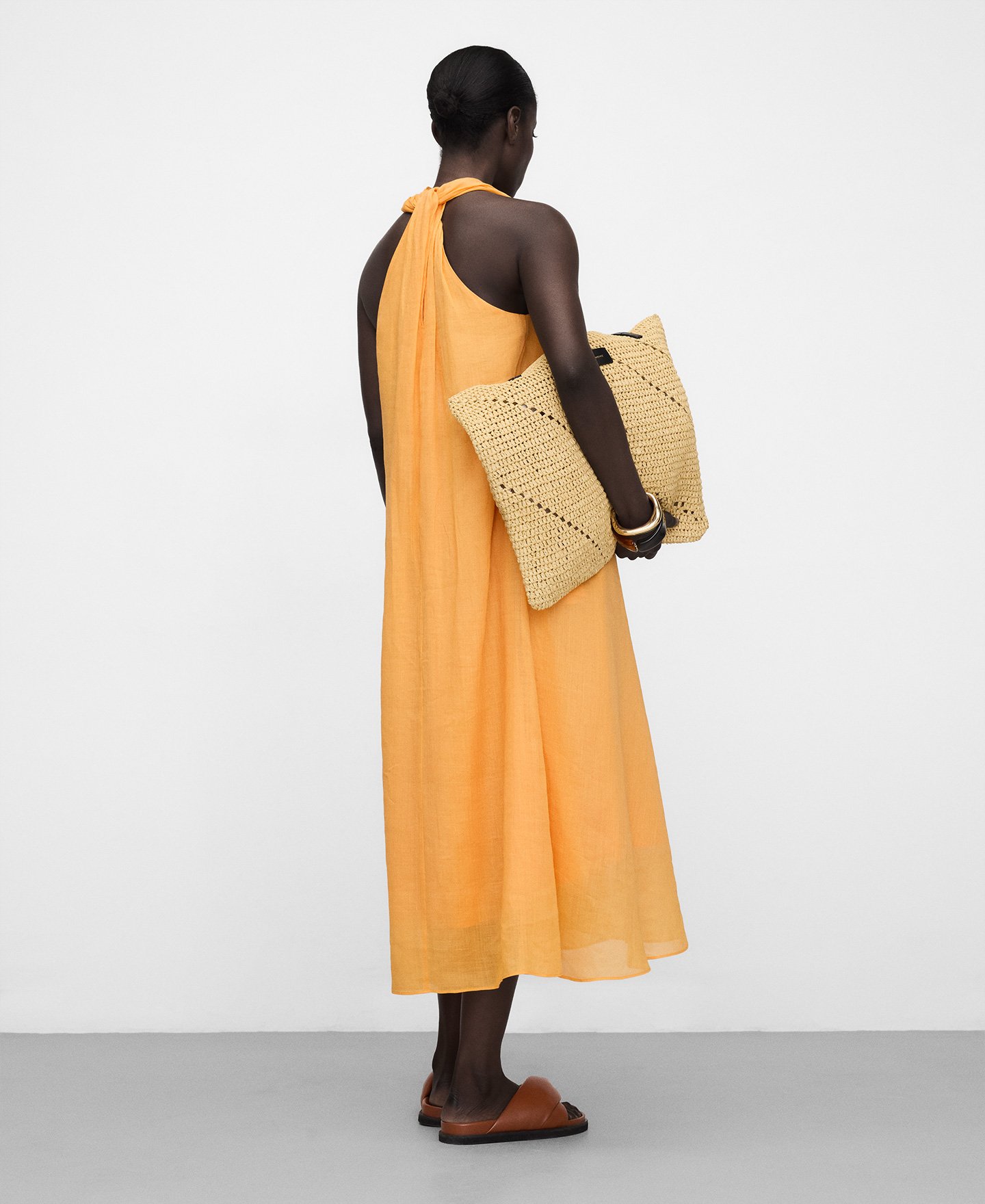 Scarf-collar ramie long dress image number 2