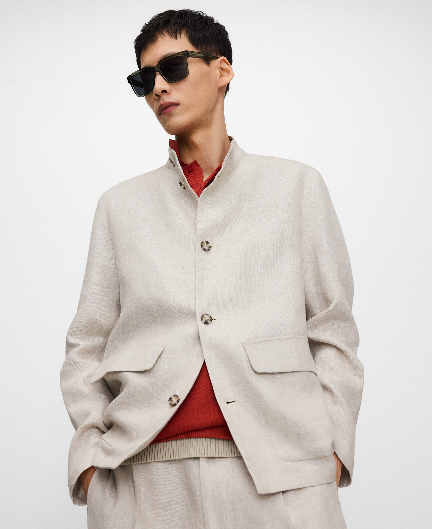 European linen mandarin collar blazer image number 0