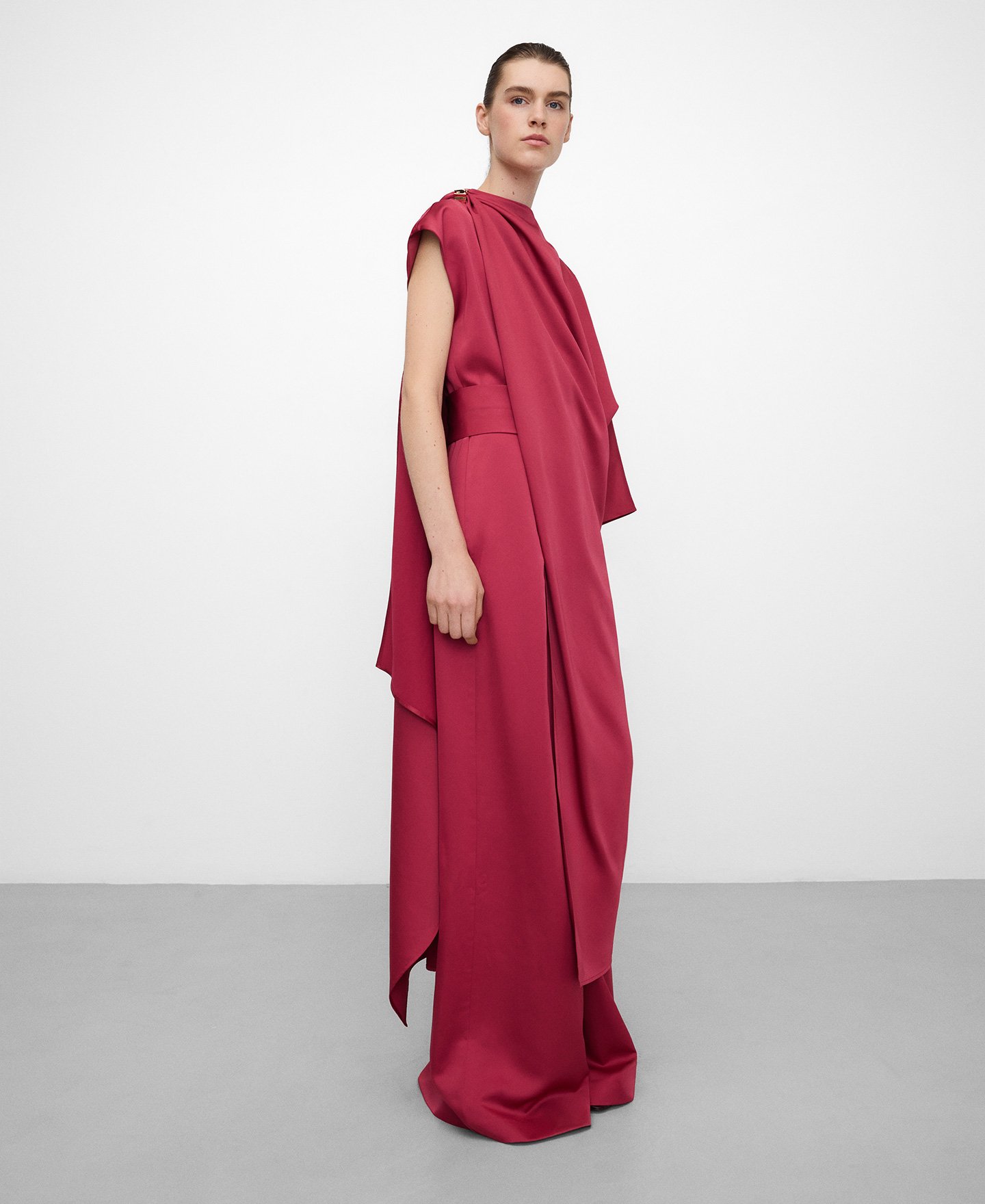 Satin asymmetric jumpsuit with cape image number 1