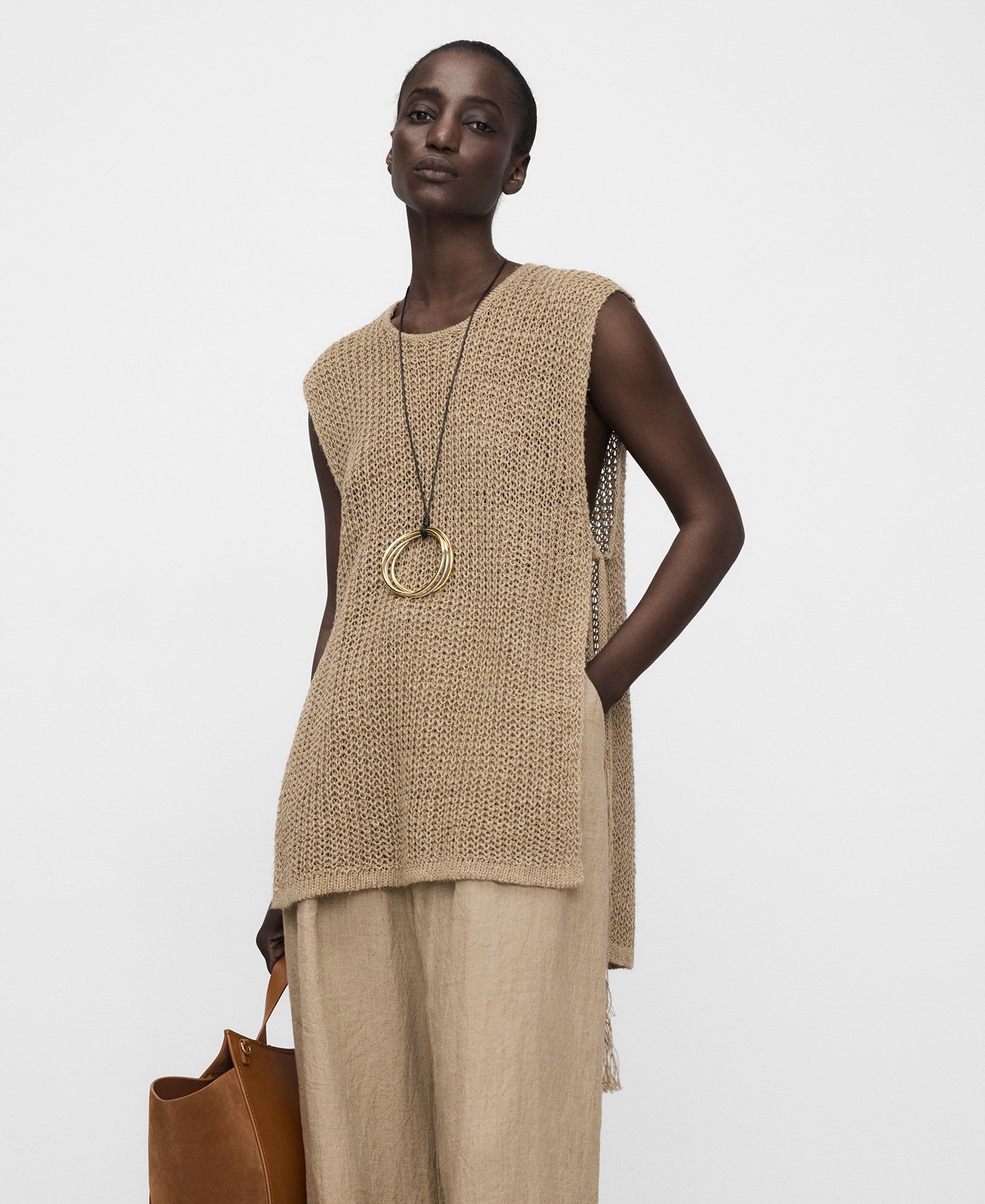 Rustic linen knit open vest image number 0