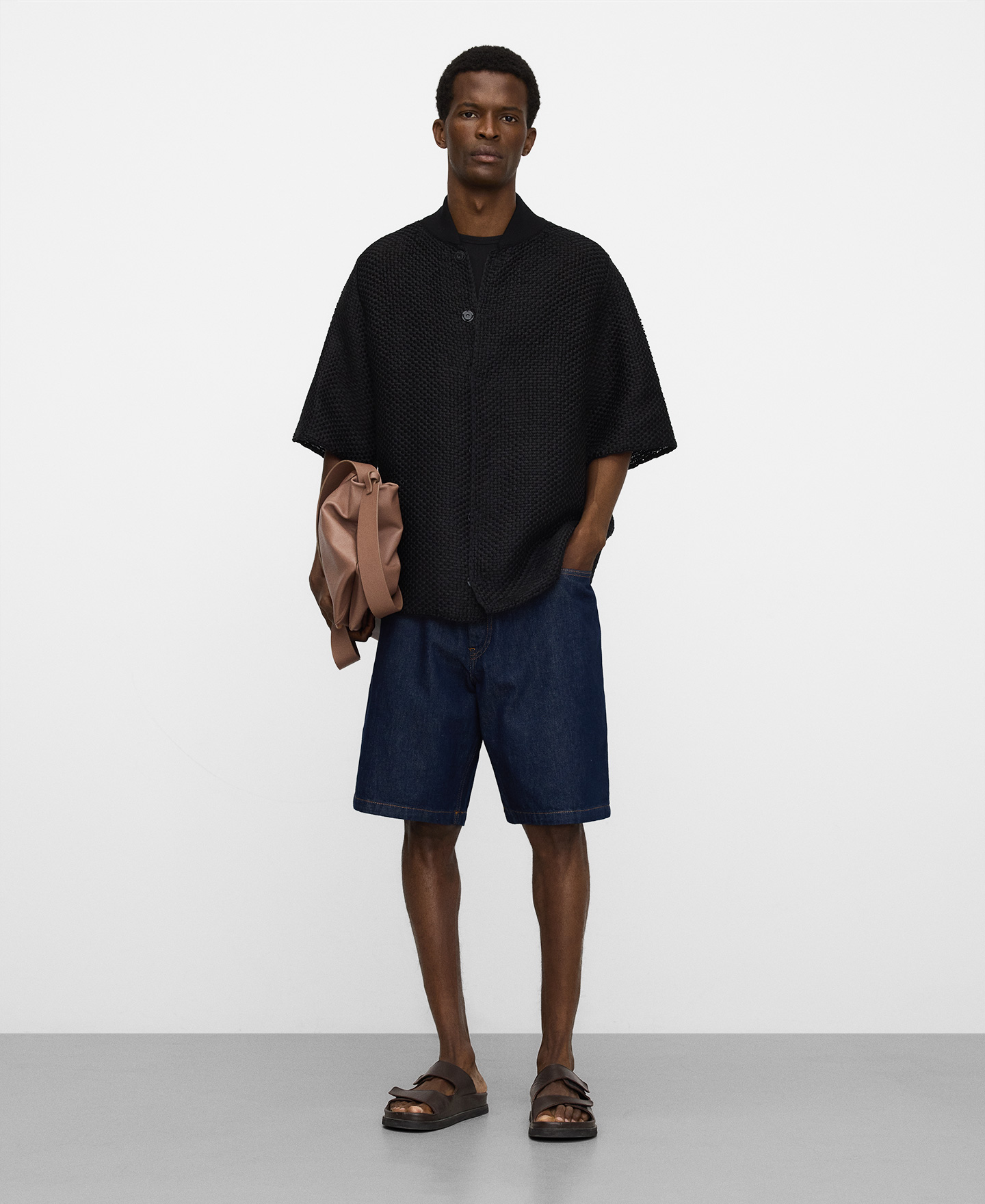 Raffia texture bomber collar polo shirt image number 1