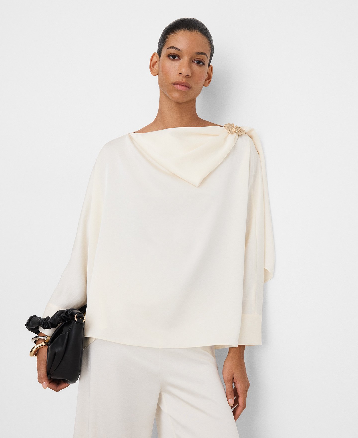 Satin scarf-collar loose top image number 0