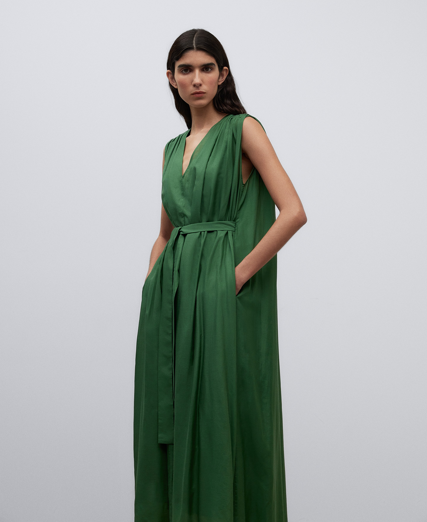 Robe longue verte a fronces femme