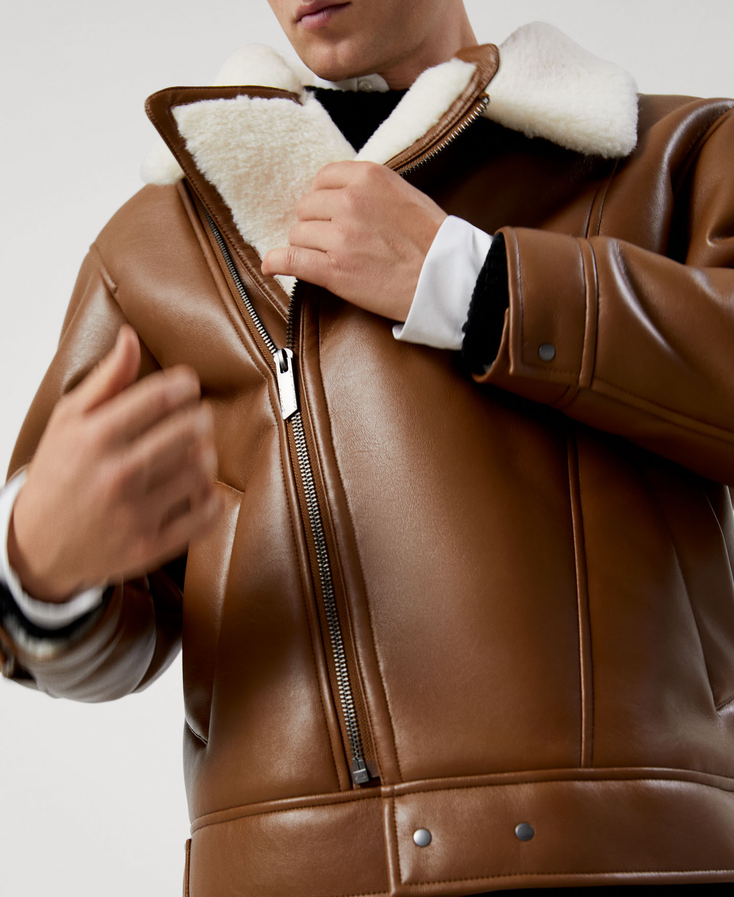 Leather texture aviator jacket image number 3