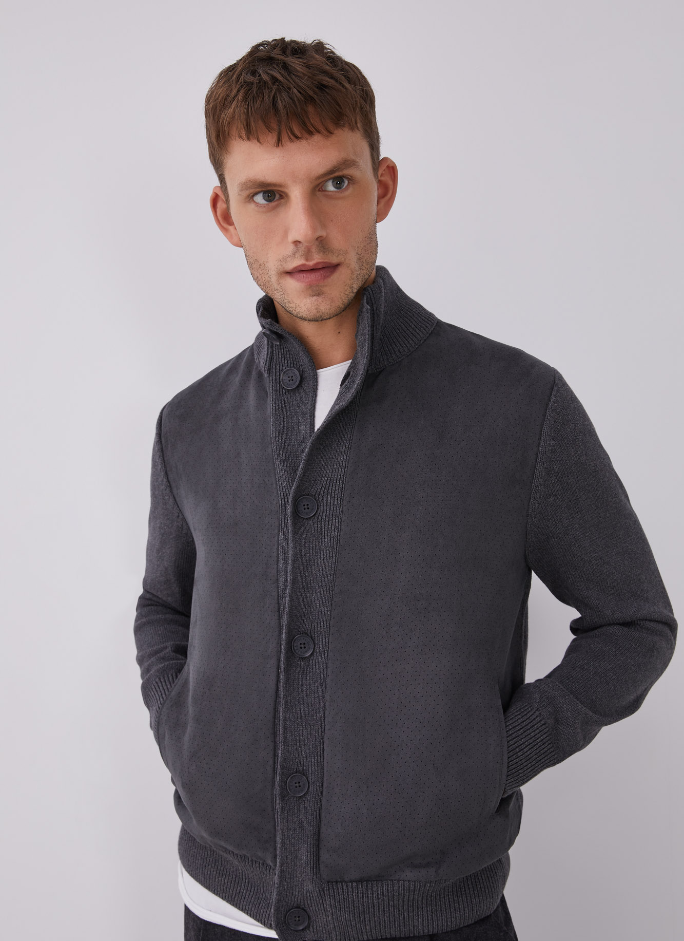 Buttoned cardigan with suedette front image number 0