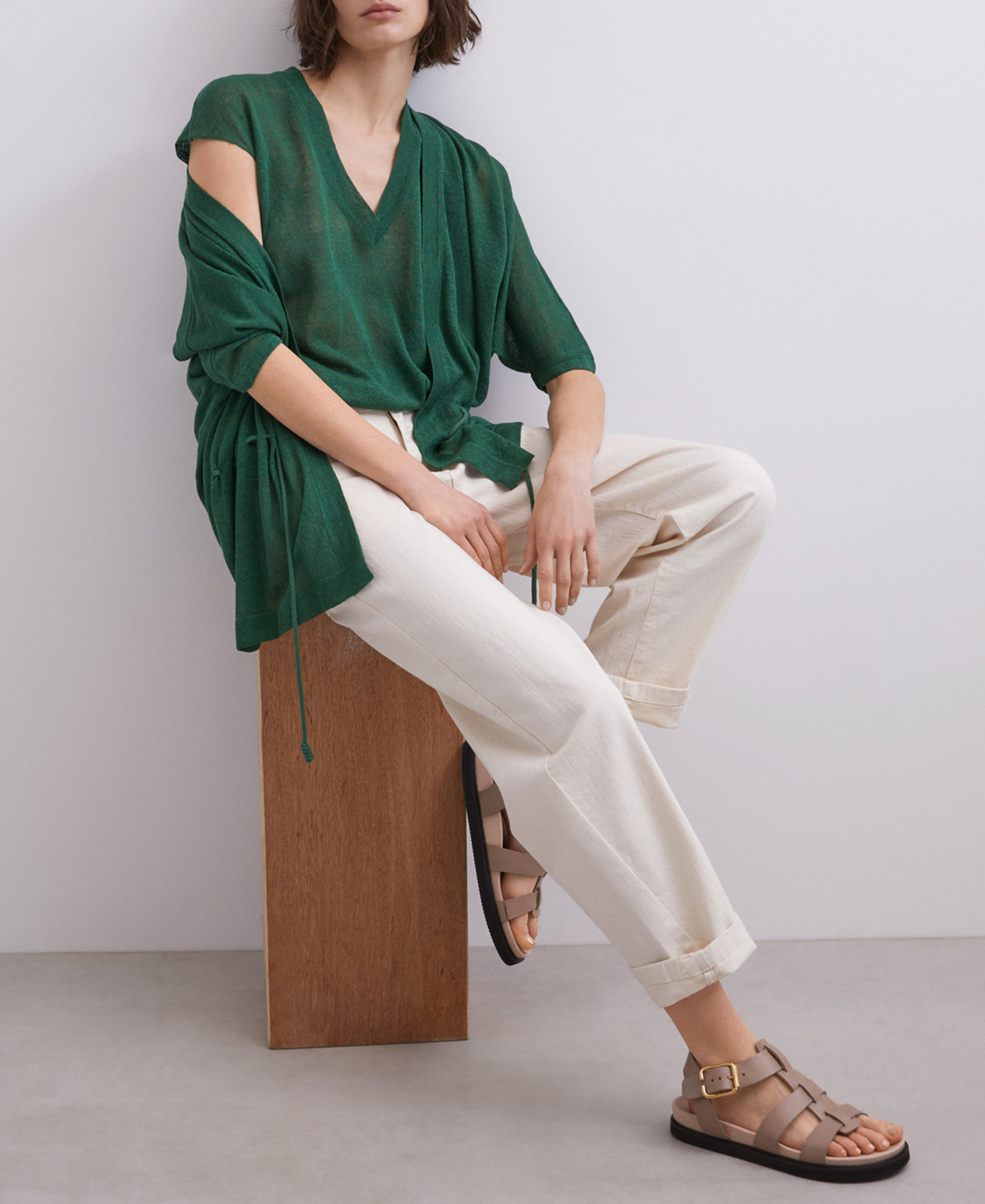 Green v-neck linen top image number 0