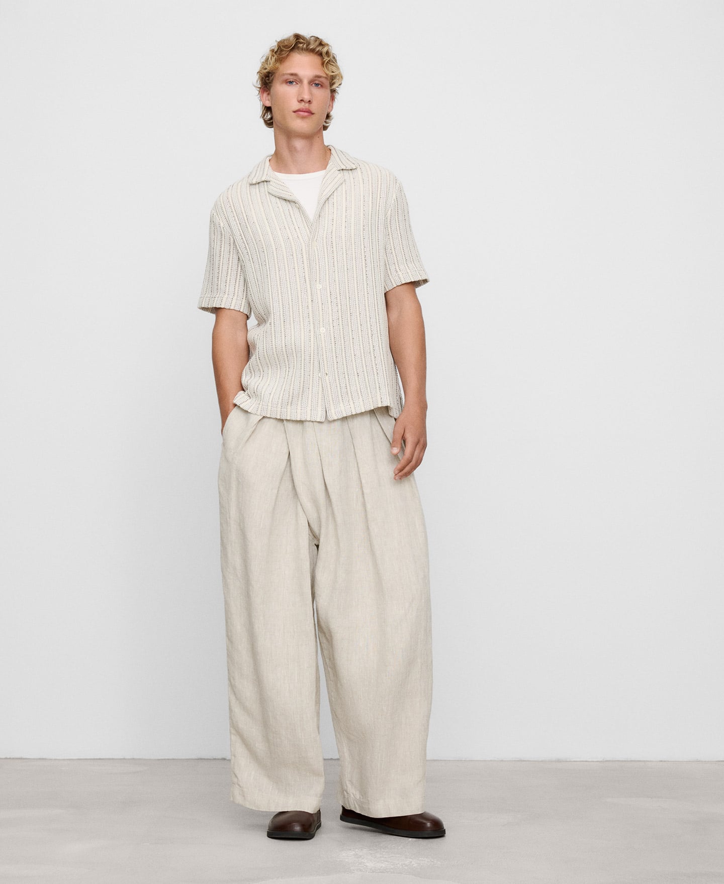 Openwork knit bowling collar shirt image number 1