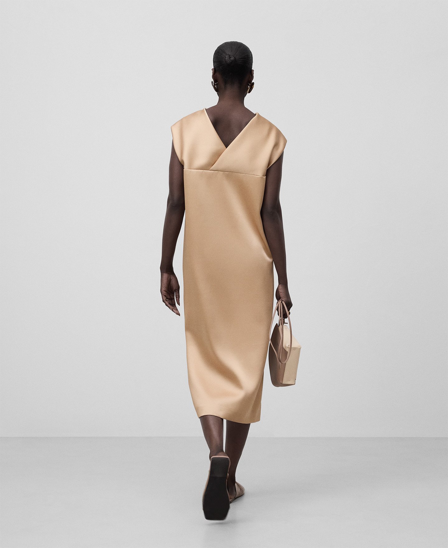 Draped neckline beige dress woman image number 2