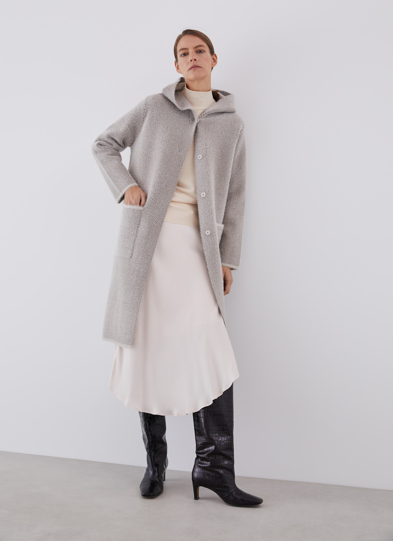 Houndstooth knit jacquard duffle coat image number 5
