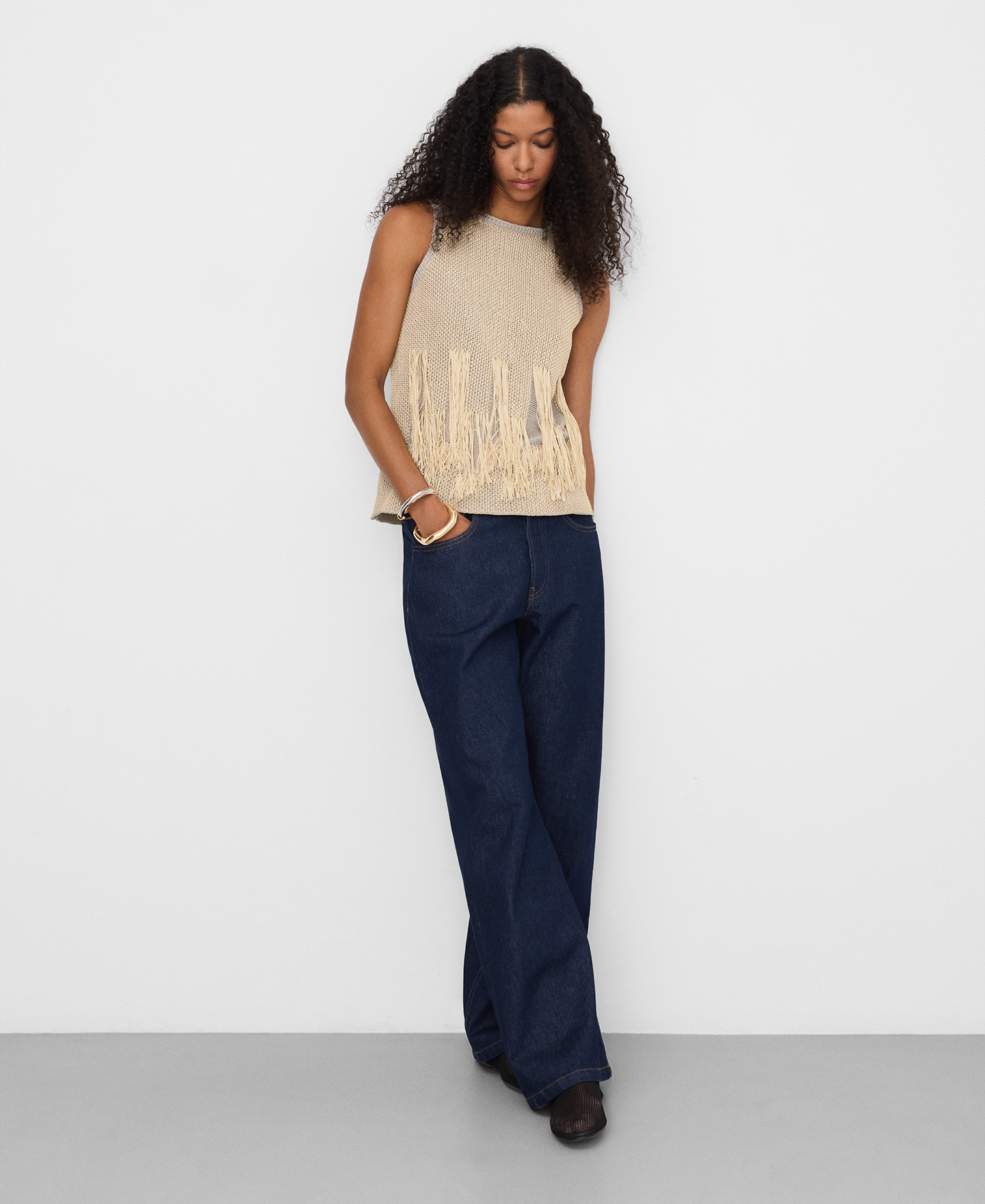 Fringed jacquard knit tank top image number 1