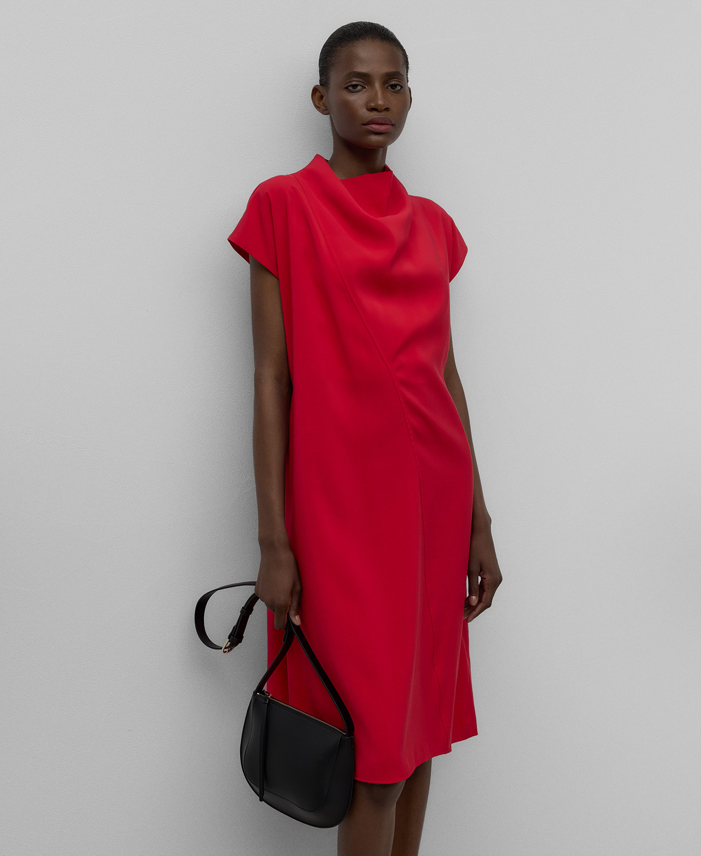 Red dress with draped neckline woman image number 0