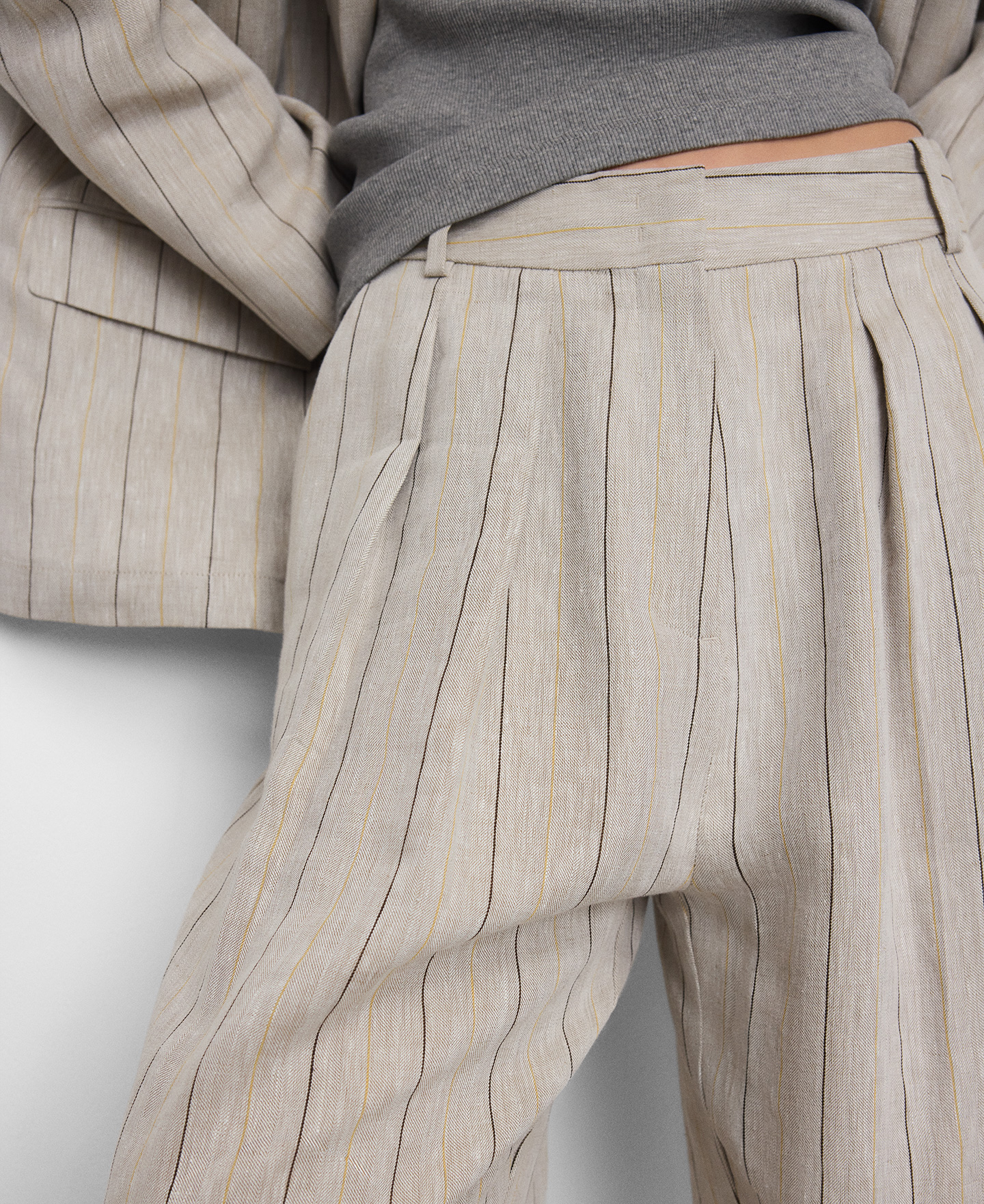 European linen striped straight trousers image number 3