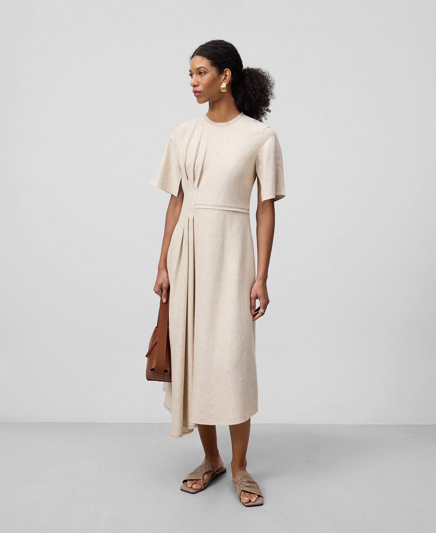 Lateral godet linen blend dress woman image number 0