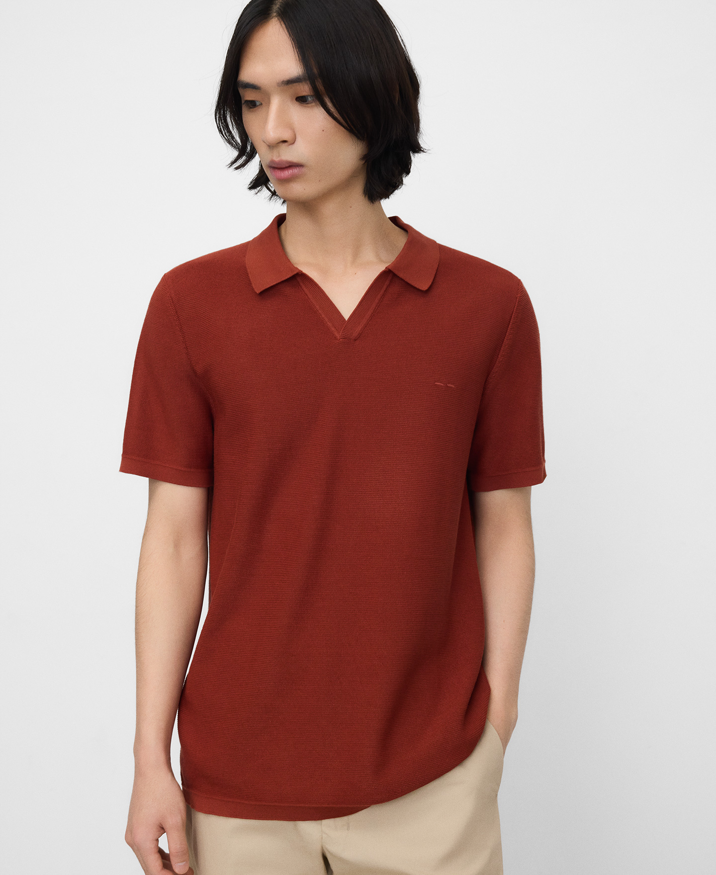 V-neck structured knit polo shirt image number 0