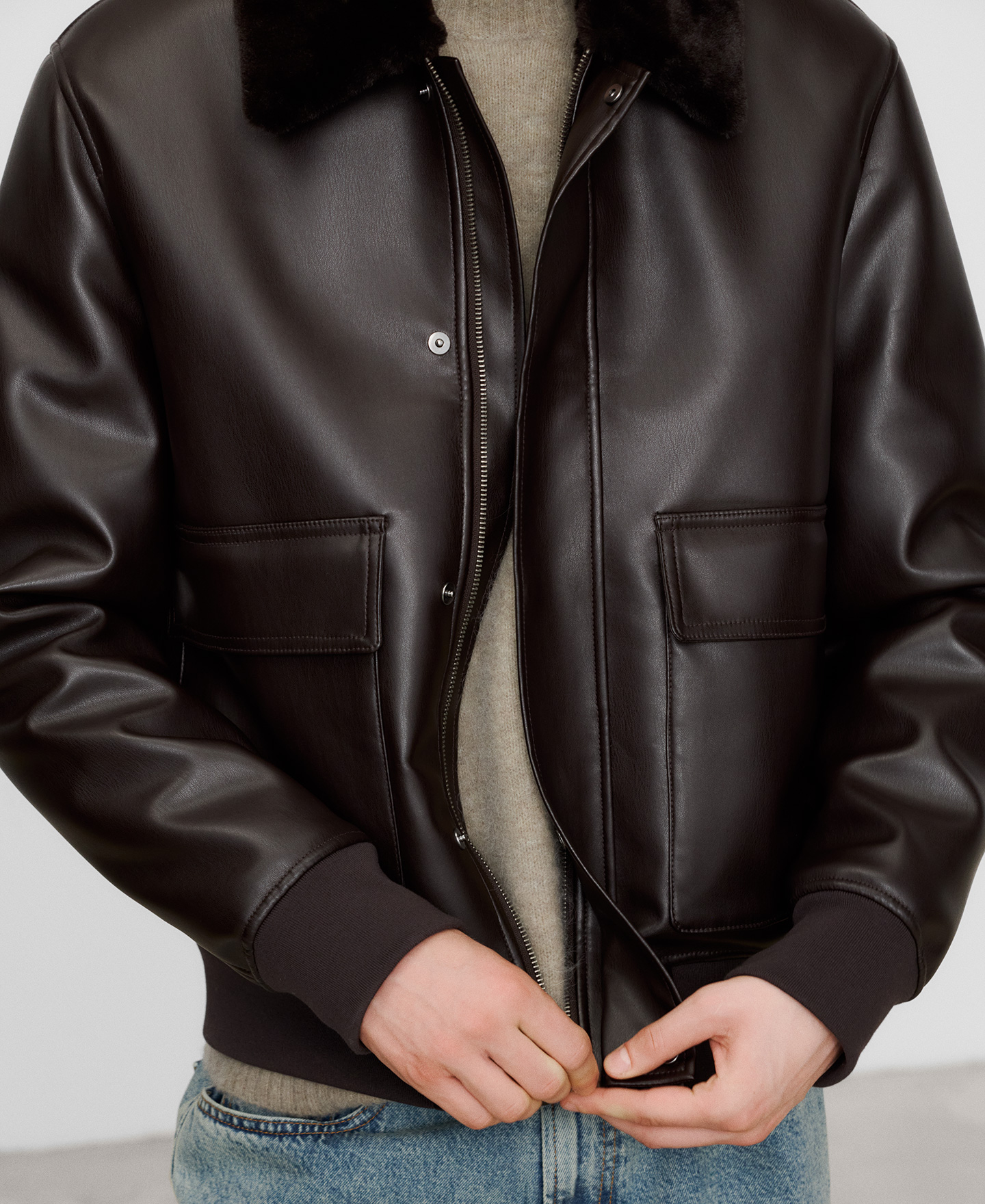 Leather-Non-Leather aviator jacket image number 3