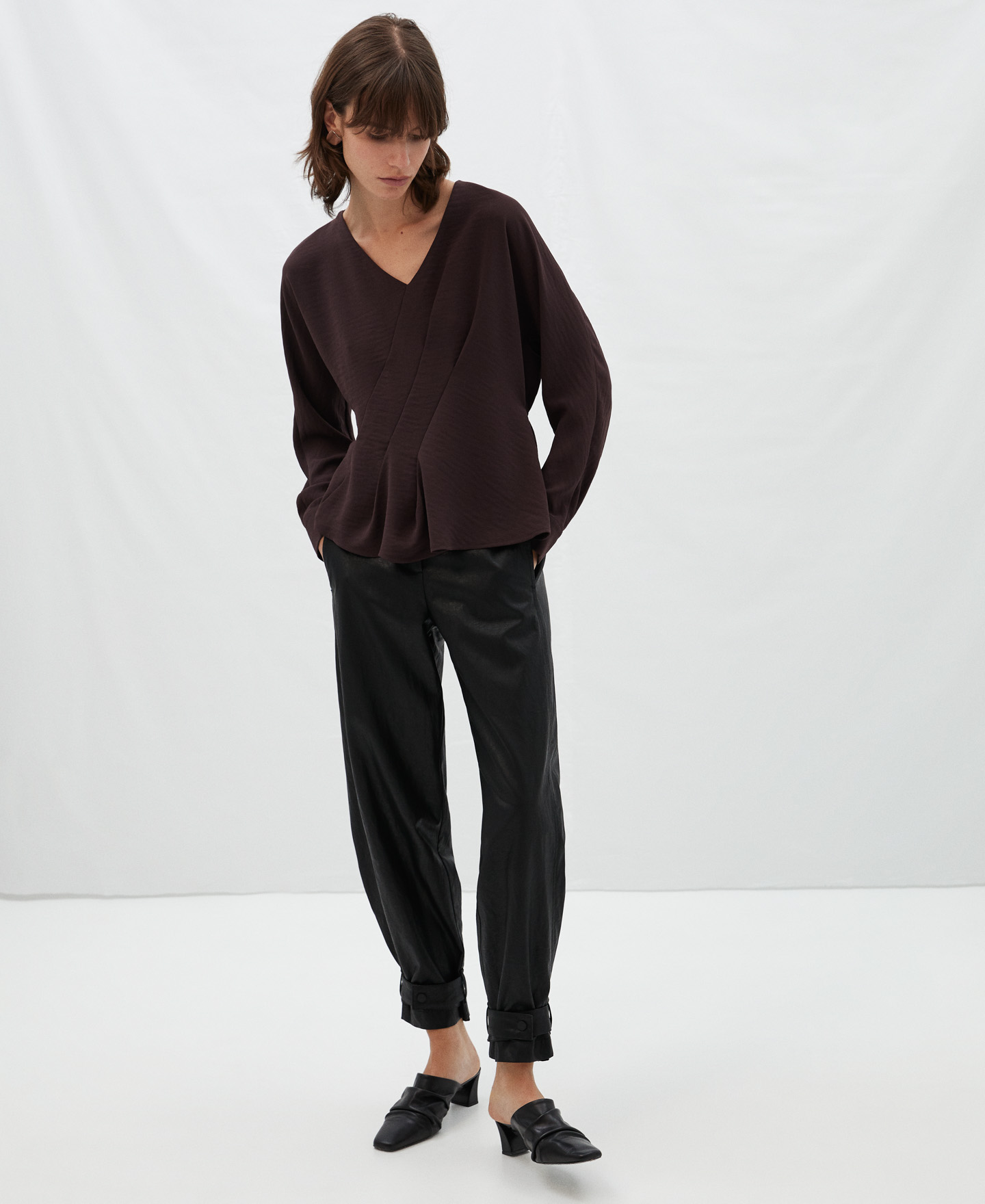 V-neck pleated blouse image number 1