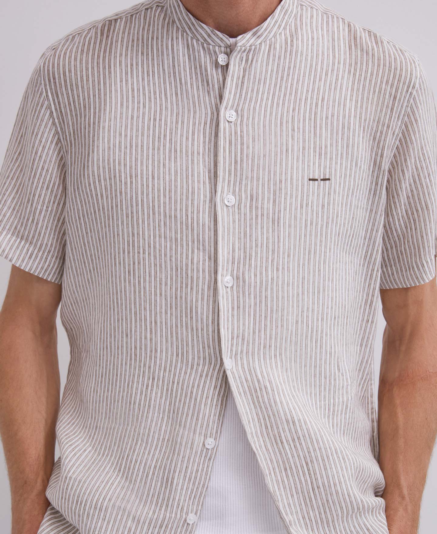 Mandarin collar striped linen shirt image number 2