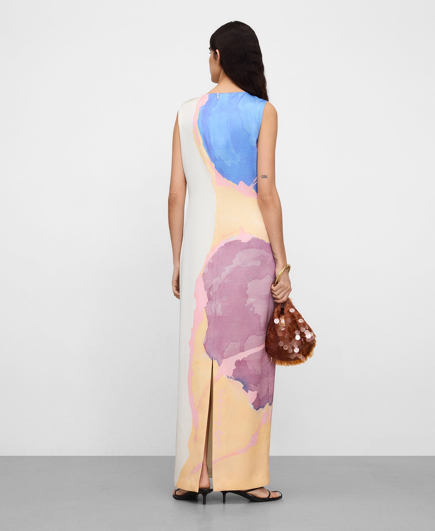 Long printed dress with an overlay cape image number 2