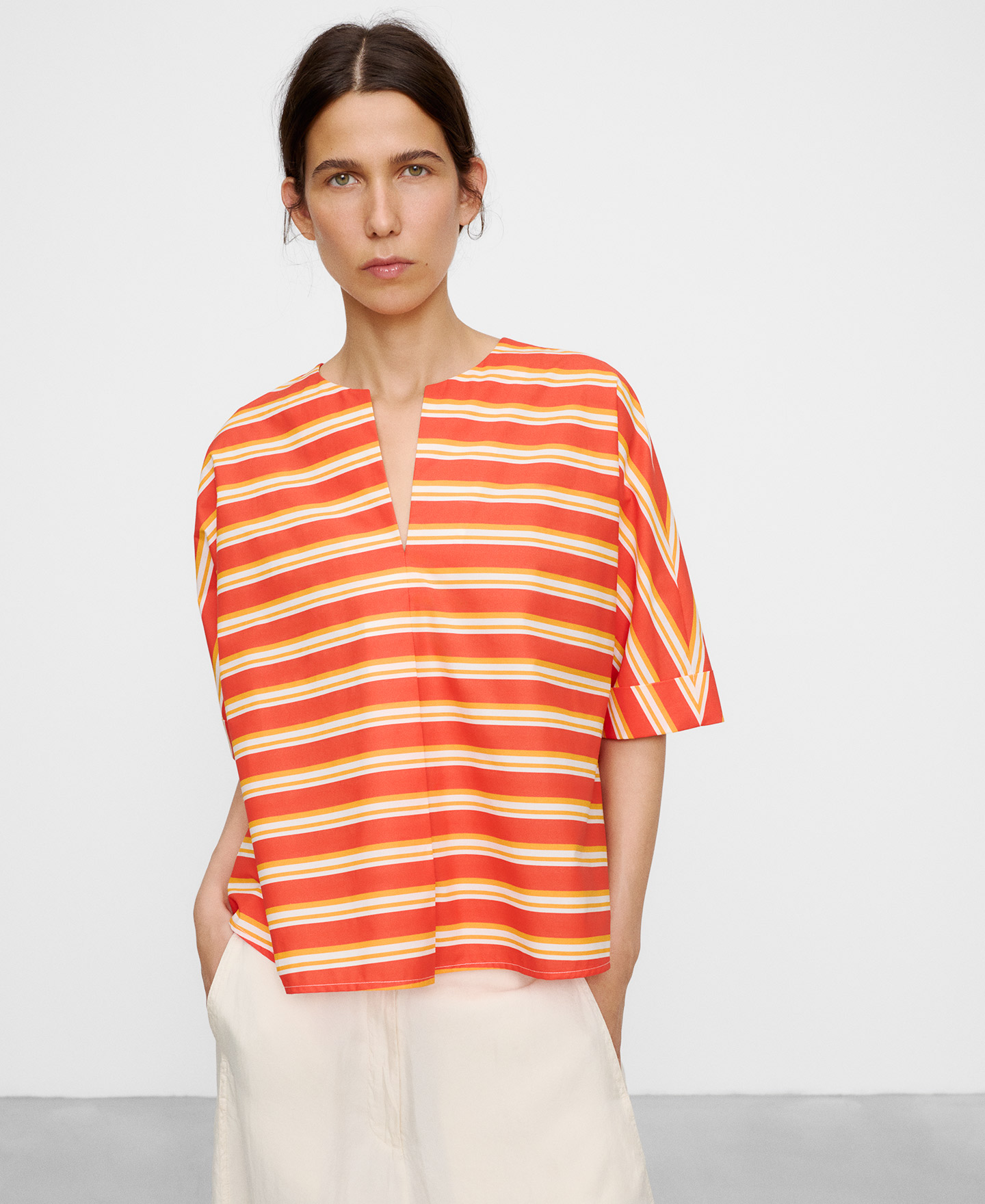 Cotton V-neckline striped blouse image number 0