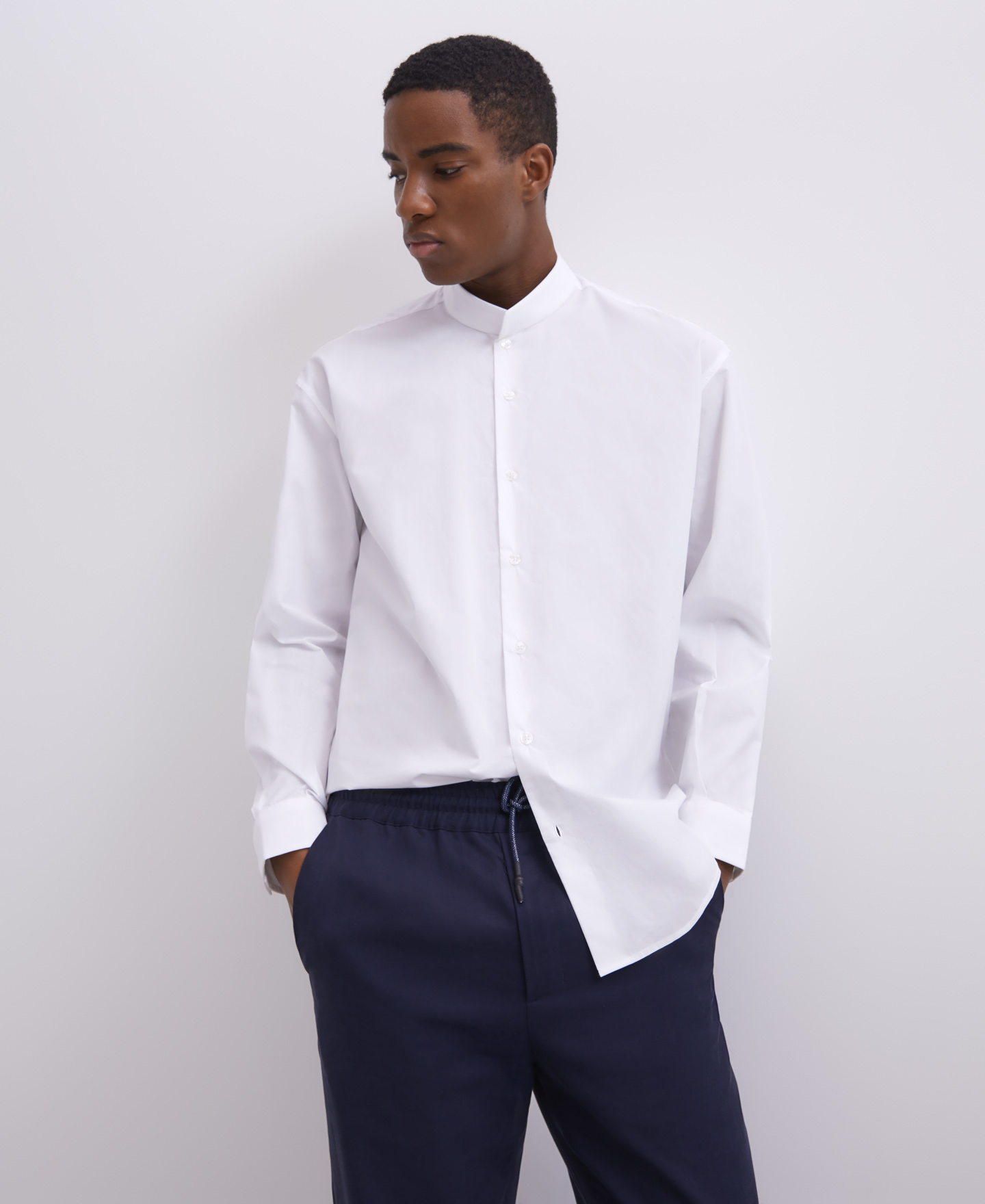 Oversized cotton mandarin collar shirt image number 3