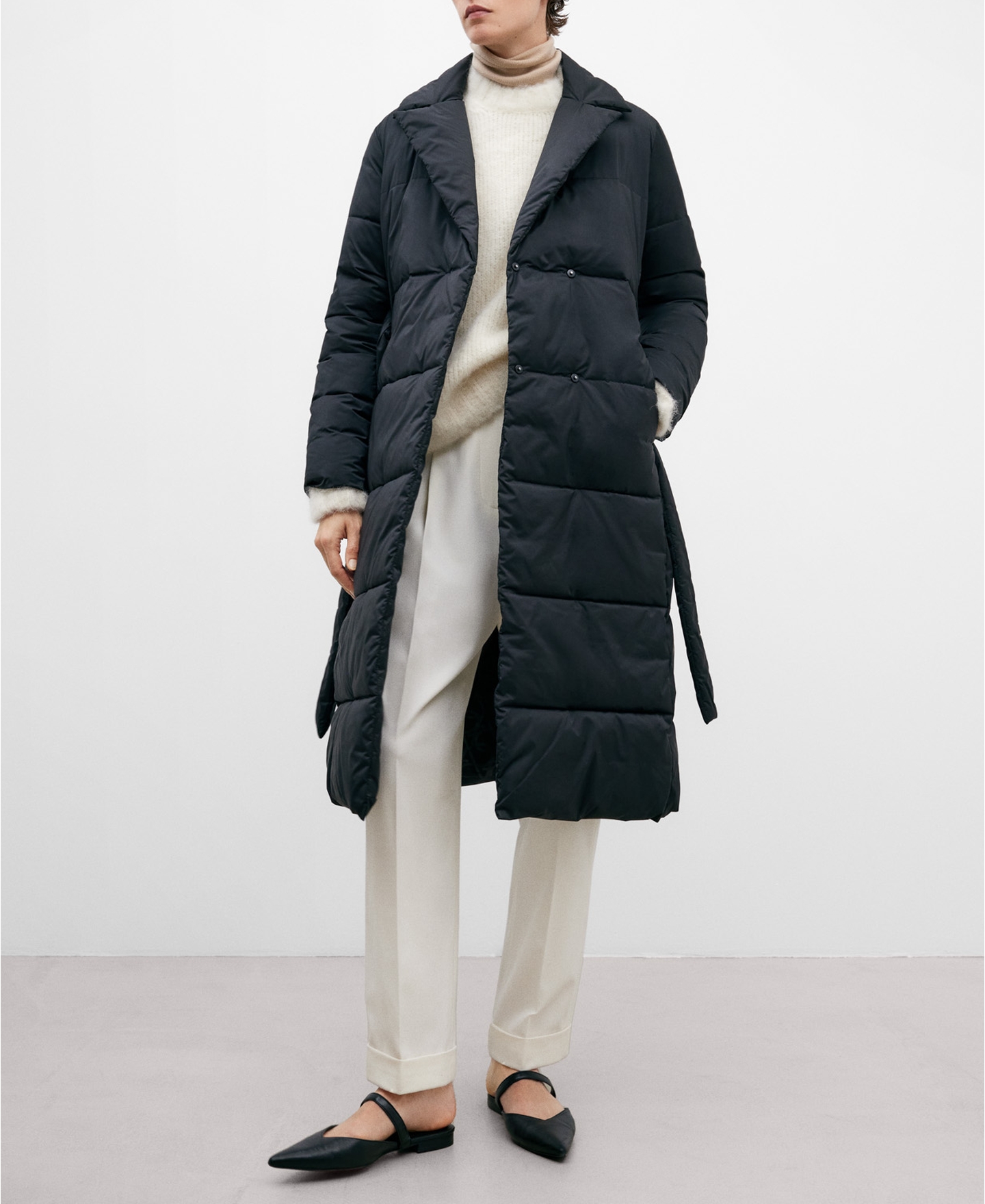 Black midi padded coat for women image number 1