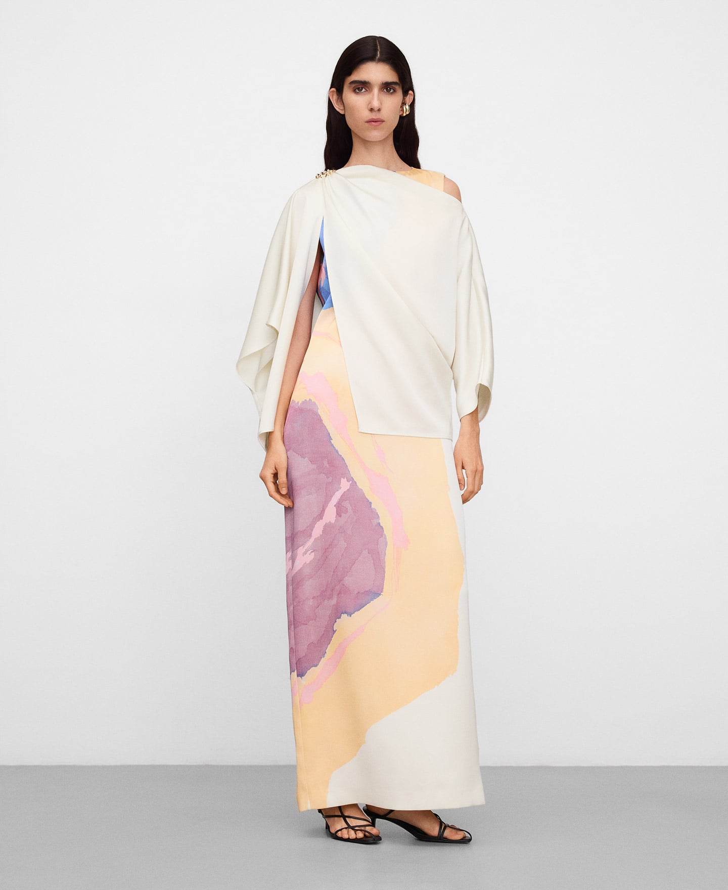 Long printed dress with an overlay cape image number 4