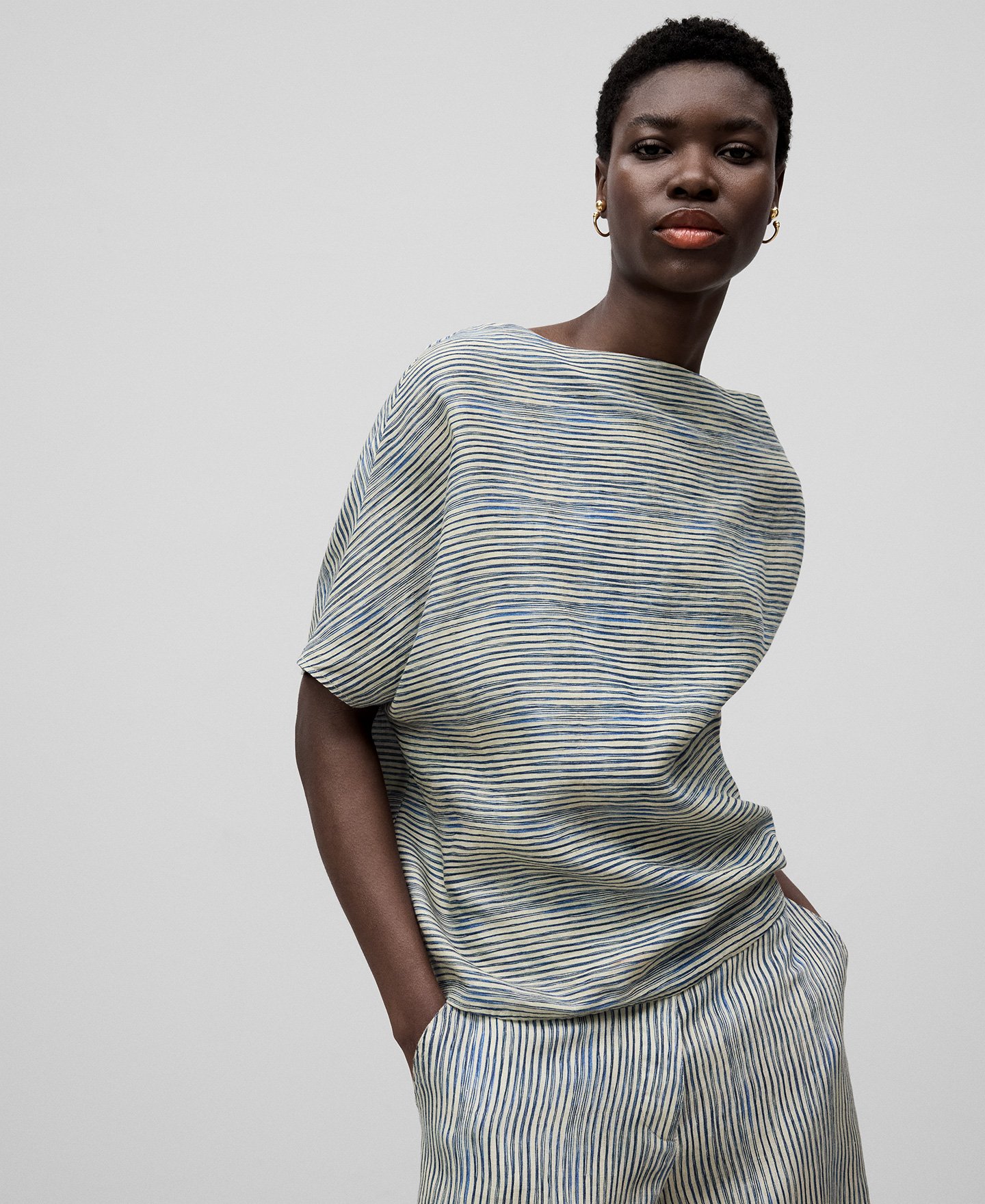 Linen striped asymmetrical top woman image number 0