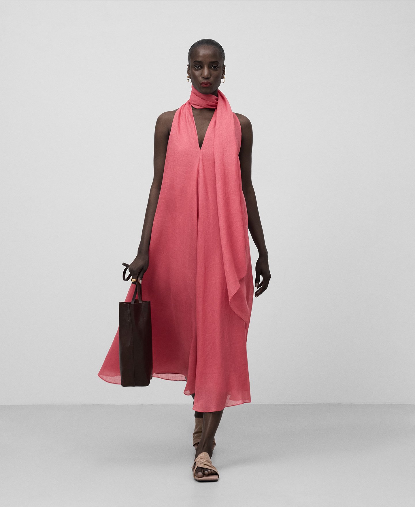 Ramie scarf collar dress woman image number 1