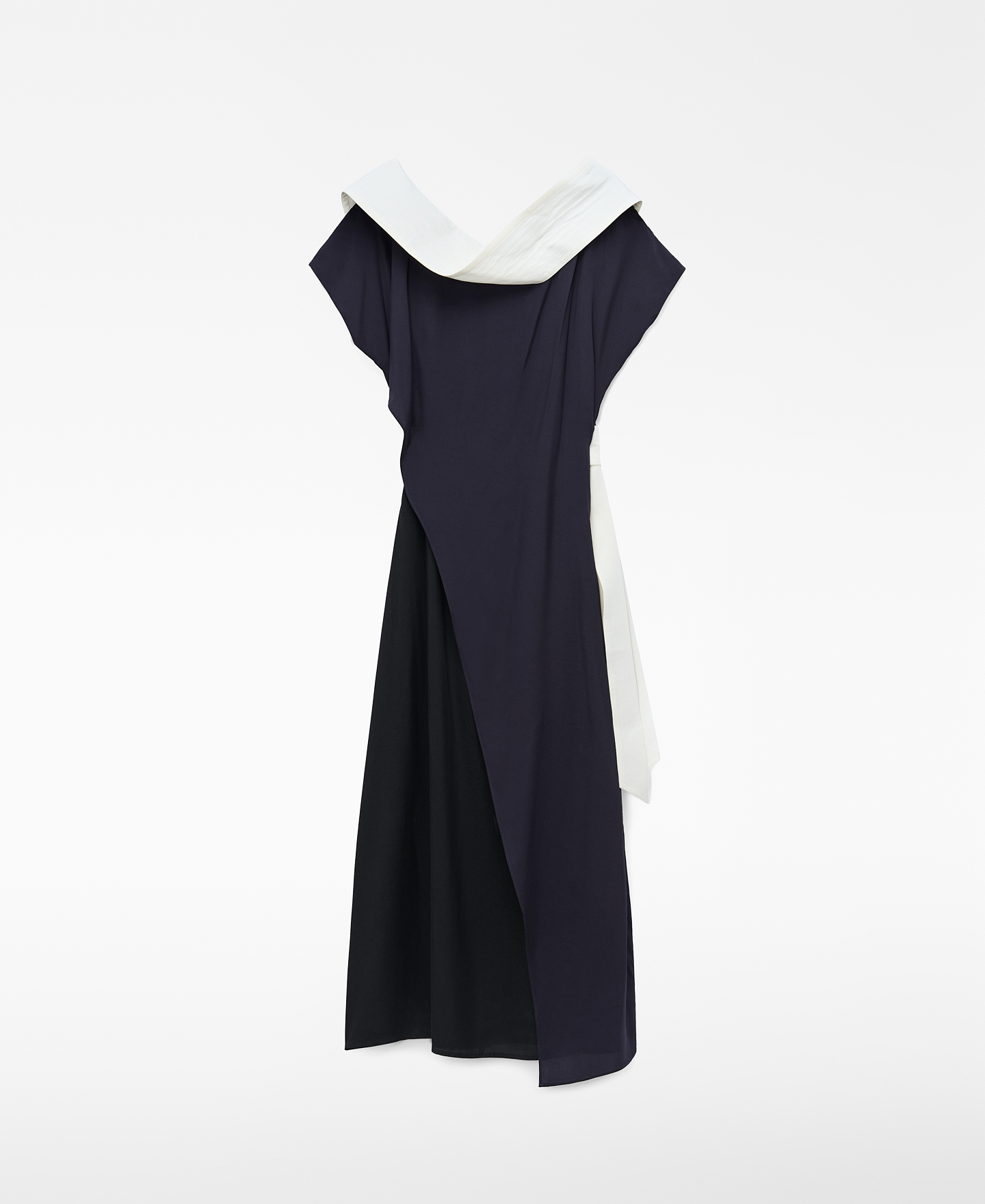 Asymmetric mixed-fabric tricolor dress image number 4